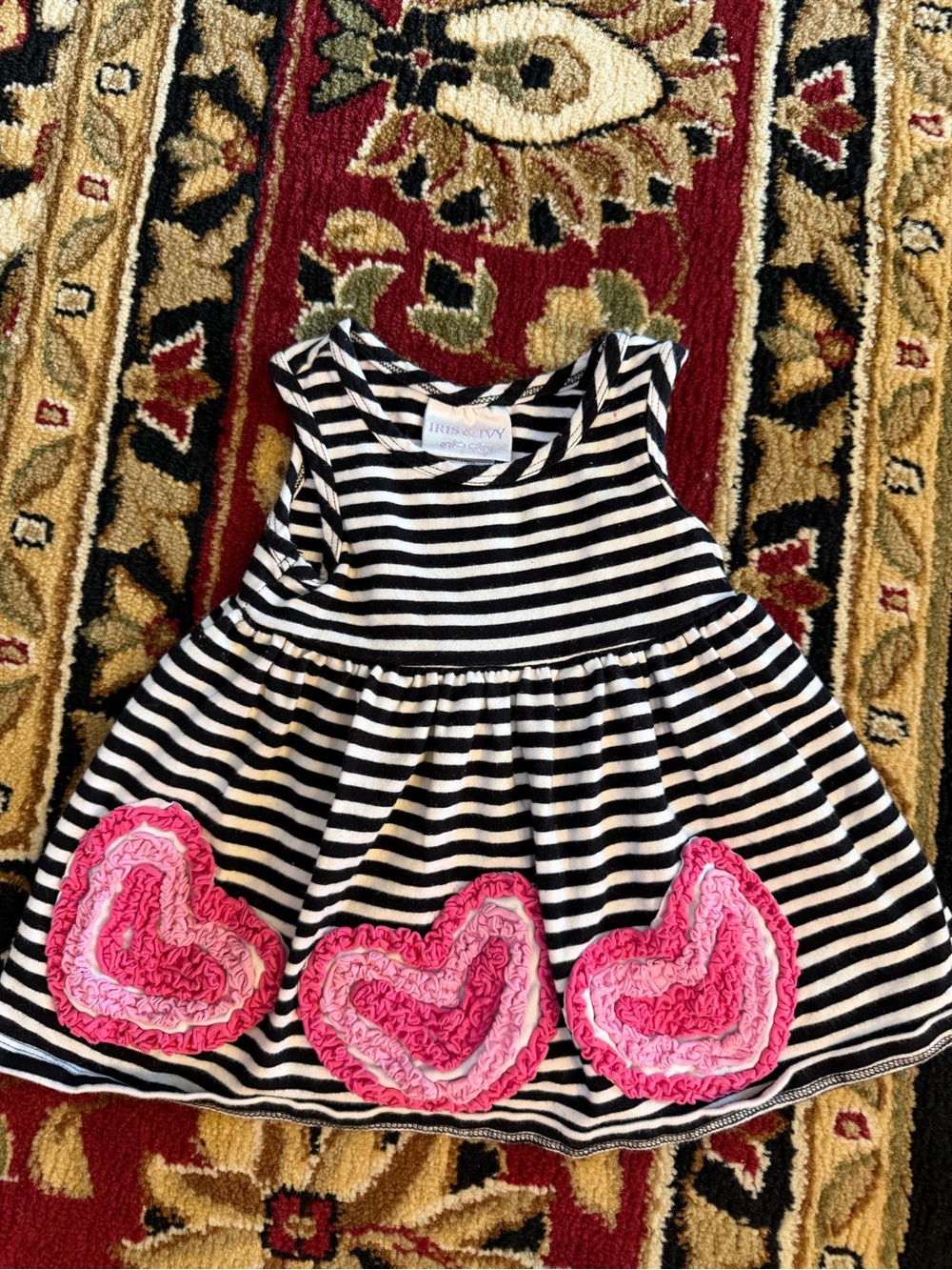 iris & ivy Black and White Striped Dress with Pink Heart Appliqués